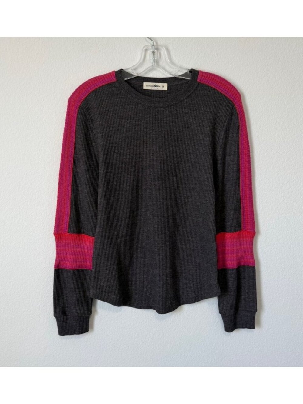 Natural Life Long Sleeve Crew Neck Gray/Pink Ribbed Knit Blouse Size M